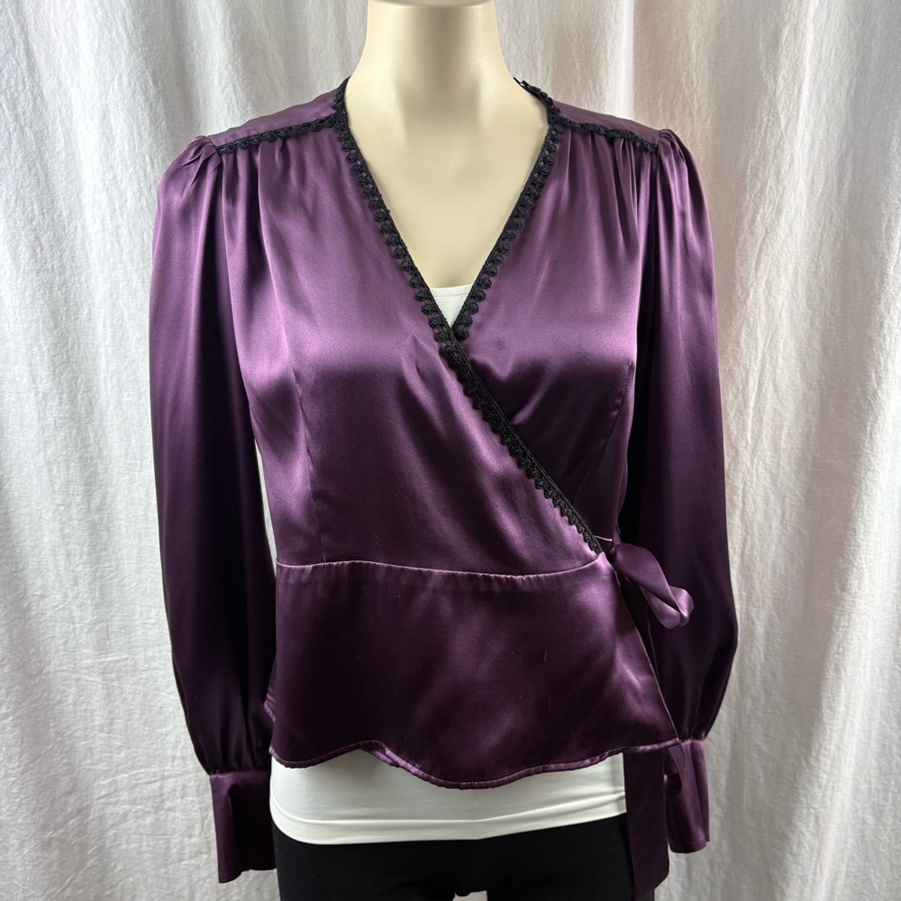 Sandra Angelozzi Elegant Silk Wrap Blouse in Rich Purple 42 - Picture 1 of 10